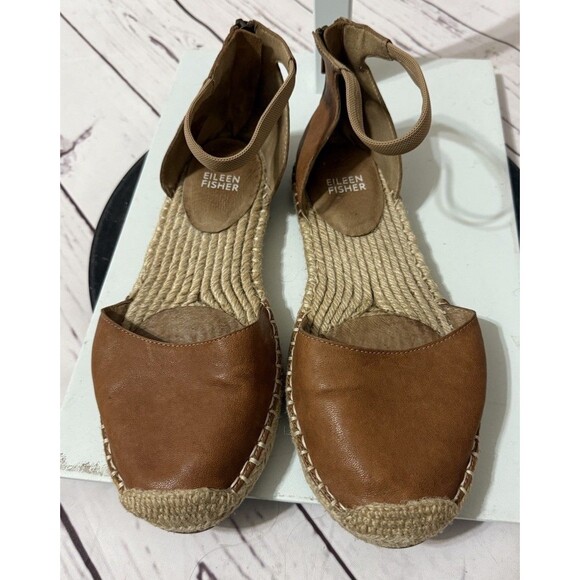 Eileen Fisher Womens Lala Espadrille Flat Size 7 Brown Leather Ankle Strap - Picture 4 of 10